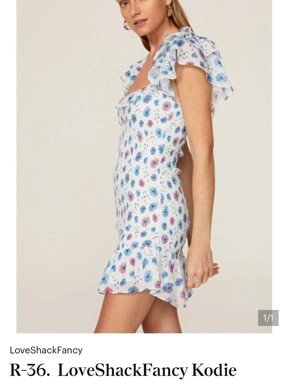 LoveShackFancy Floral Ruffle Mini Dress in White, Blue & Pink